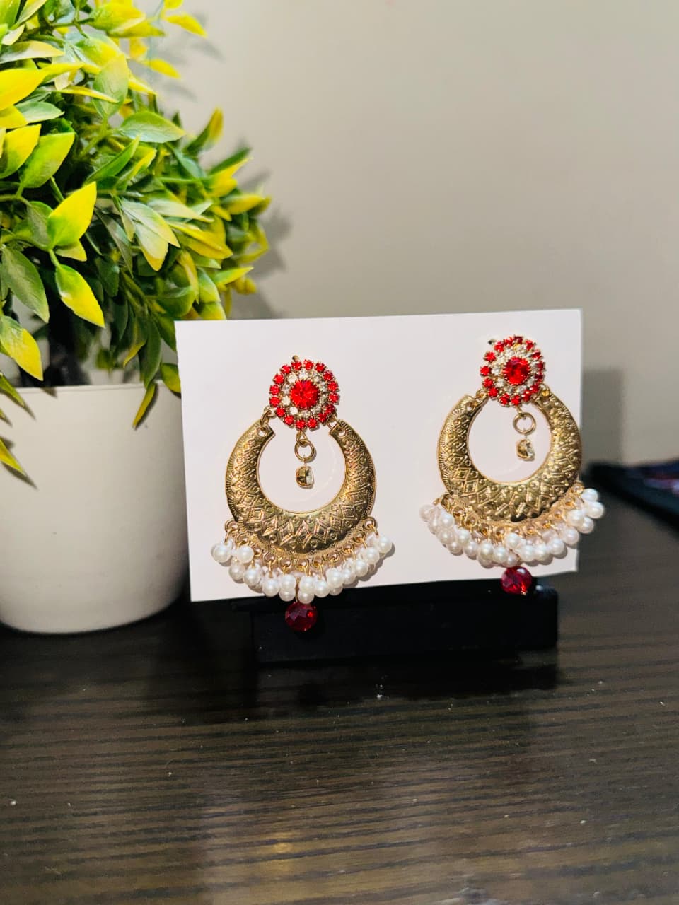 Golden red jhumka bali